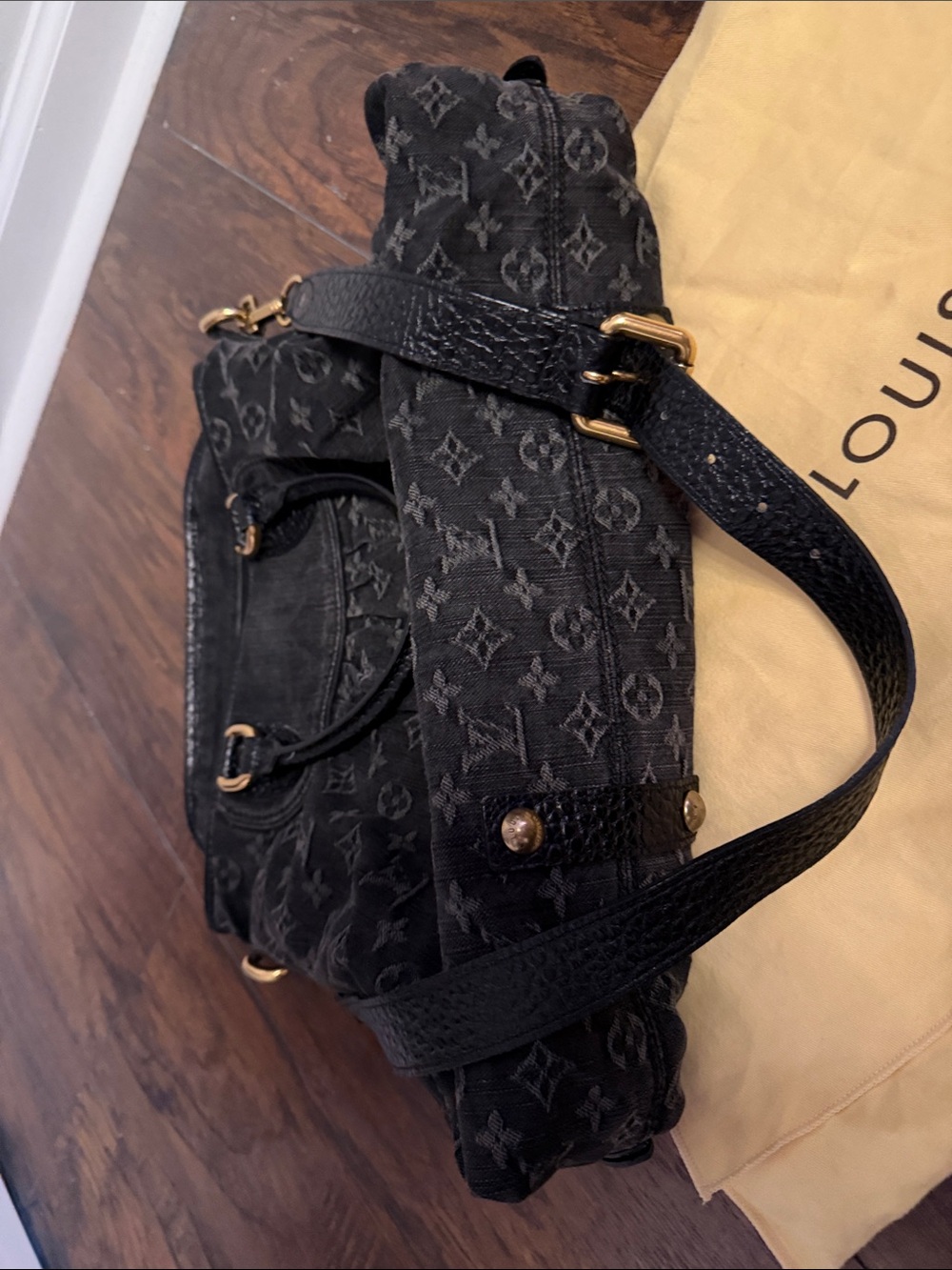 Louis Vuitton Black Monogram Denim Shoulder Bag with Gold Hardware EUC - Picture 2 of 9